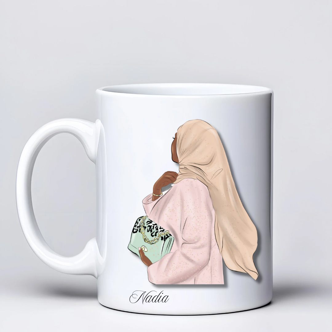 Mug personnalisé – Illustration femme voilée élégante avec sac